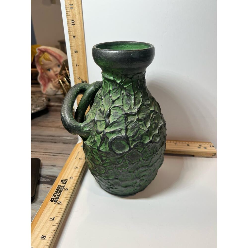 Vintage Green Textured Ceramic Vase Made in Spain Rustic Art Pottery Decor